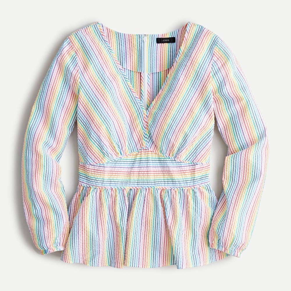 J.Crew V-Neck rainbow striped preppy long sleeve peplum seersucker top size 6